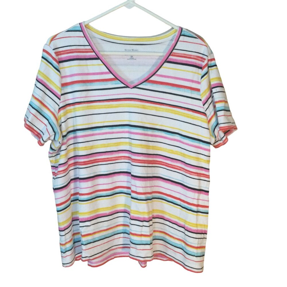 Studio Works Womens Short Sleeve Shirt 2XL Multi-color Horizontal Strips XXL Top
